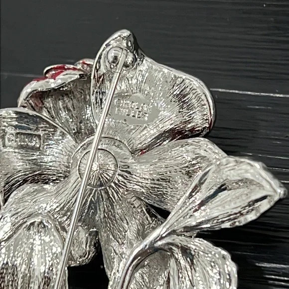 Nolan Miller Red Enamel and stone Silver Tone Brooch - Picture 2 of 4